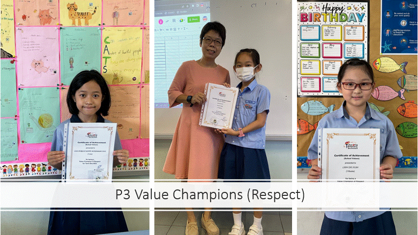 Three young students holding Certificates of Achievement for P3 Value Champions Respect, one with a teacher.